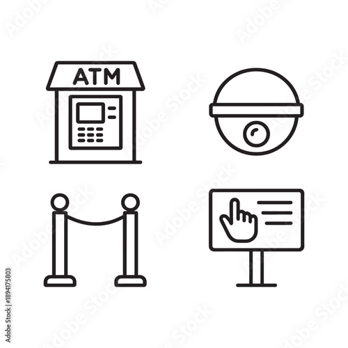 Banking and Security Service Line Icons Set  ATM Machine, CCTV Dome Camera, Stanchion Post, and Touch Screen Kiosk