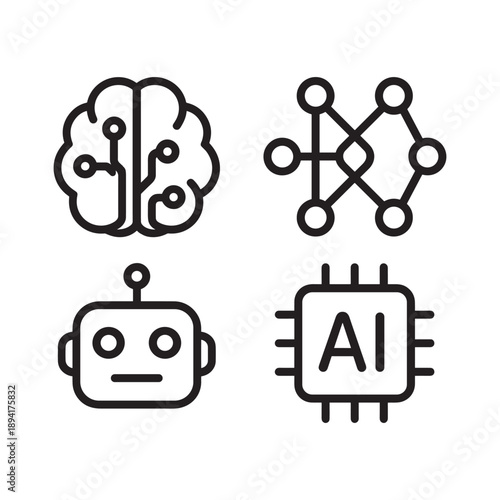 Artificial Intelligence Concept Icons Digital Brain, Neural Network, Robot Assistant, and AI Processor Chip