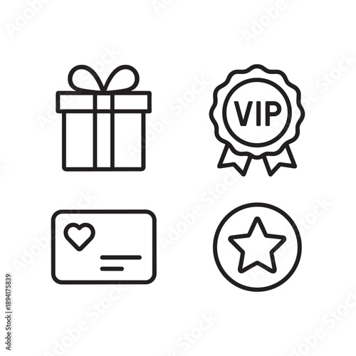 Gift and Loyalty Program Icons Gift Box, VIP Badge, Greeting Card, and Star Favorite Symbol