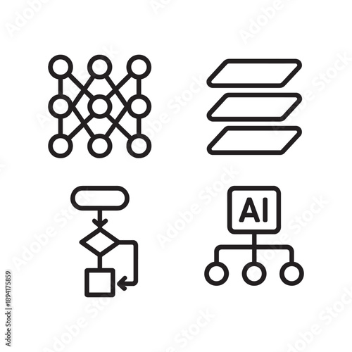 Machine Learning and Data Processing Icons Deep Learning Network, Data Layers, Algorithm Flowchart, and AI Hierarchy