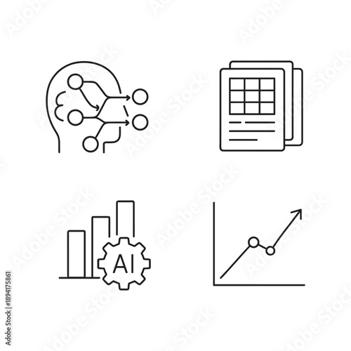 Data Analysis and AI Insights Icons  Mind Mapping, Spreadsheet Documents, AI Optimization Gear, and Growth Chart