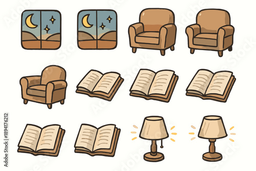 Light icon icons doodle home evening soft peaceful armchair setting book cozy