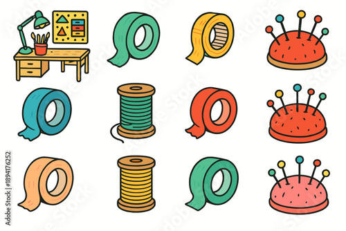 Thread colorful tape crafts station diy desk vector pin icon cushion icons
