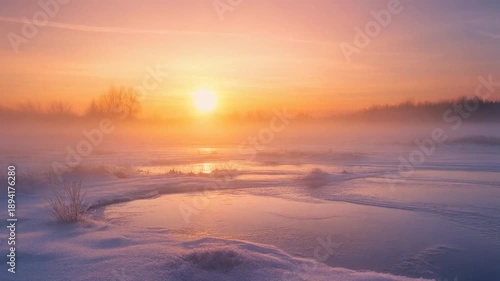 Wallpaper Mural Serene winter landscape with frozen river and sunrise foggy morning snow covered ground and trees in background warm Torontodigital.ca