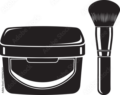Simple black solid icon of closed cosmetic compact case with vertical makeup applicator brush, minimalist beauty vector design eps