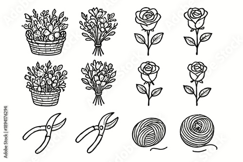 Twine icon shears roses bouquet basket floral rustic arrangement creative vector icons