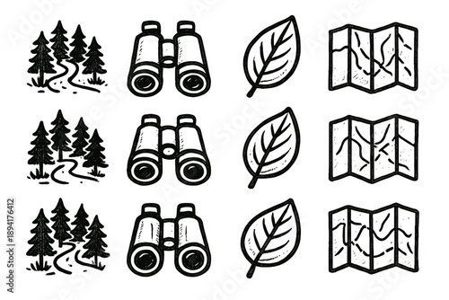 Vector outline exploration leaf map ink forest collection icon trail icons binoculars