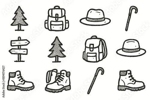 Gear vector walking icons calm sketch hiking forest trail boots hat stick