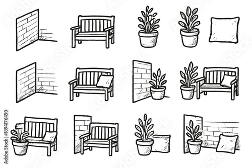 Vector set outdoor icons garden corner cushion icon bench plant potted cozy