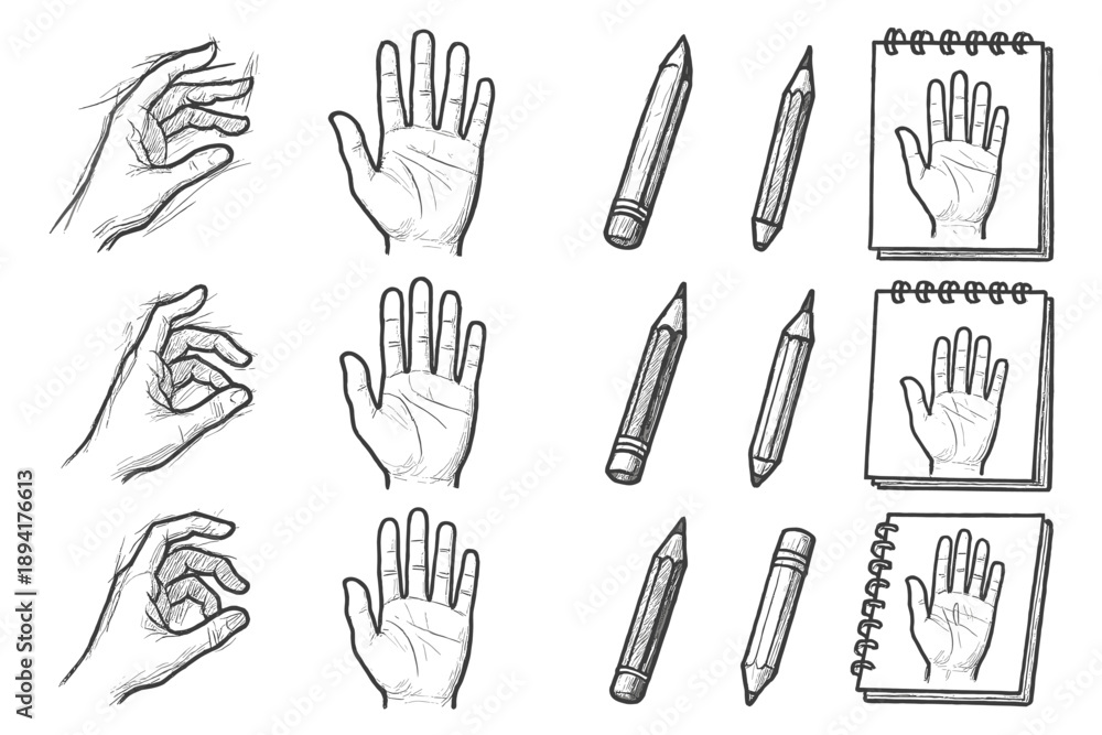 Fototapeta premium Study icon vector practice model pencil drawing gesture sketch open hand
