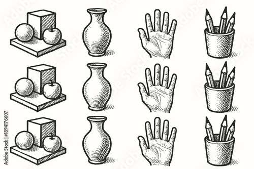 Vector cup icon vase still study pencil drawn life sketch hand