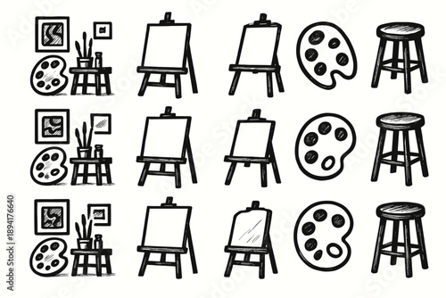 Vector palette handdrawn icon easel space set sketch stool expressive artist