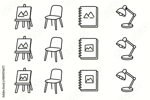 Icons home setup atelier chair icon collection minimal sketchbook vector lamp pencil