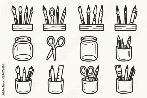 Tools atelier scissors icon jar creative holder display pen doodle home vector