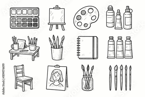Atelier icon palette supplies brush sketch set layout vector art sketchbook
