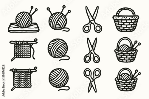 Home scissors craft vector icon handdrawn rustic basket ball icons knitting wool