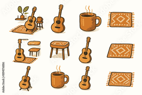 Guitar music icon vector art rug mug collection icons outline setup warm
