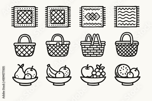 Picnic icons outline vibe vector icon rug boho basket bowl fruit