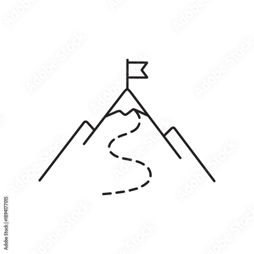 Mountain peak with flag and climbing path icon