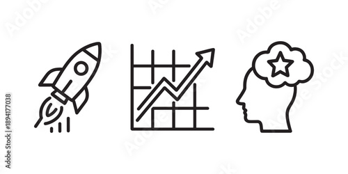 Startup launch and business growth icons set