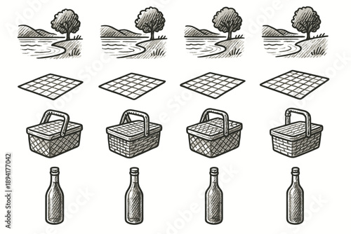 Lakeside icon bottle ink set basket picnic drawing vector blanket outline
