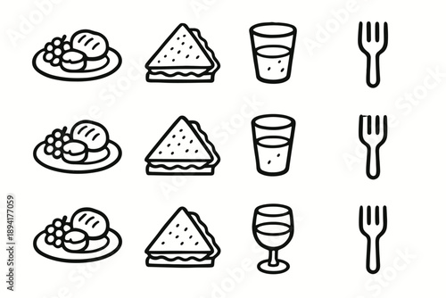Vector food icon sandwich outline fork picnic sketch display minimal glass set