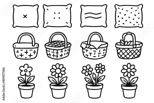 Flower weekend picnic set pot icon vector basket relaxation theme rough cushion