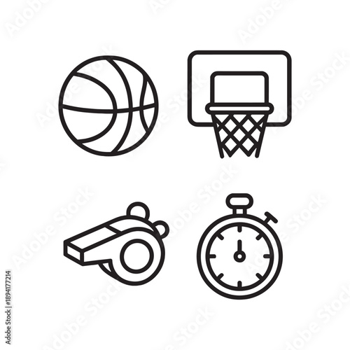 Basketball and Coaching Icons Ball, Hoop, Whistle, and Stopwatch