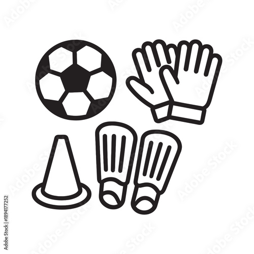 Soccer equipment icons set with ball, goalkeeper gloves, shin guards and training cone