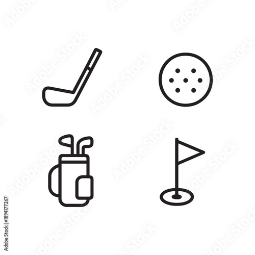Golf equipment icons set with club, ball, golf bag and hole with flag