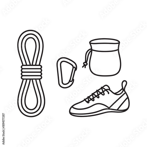 Rock climbing gear icons featuring rope, carabiner, chalk bag and climbing shoe