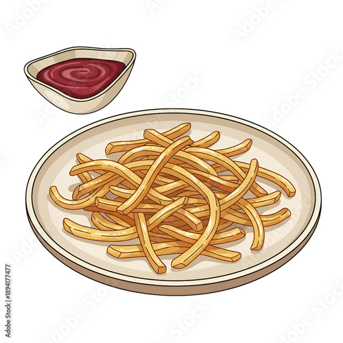 crispy french fries on plate with tomato ketchup dipping sauce illustration