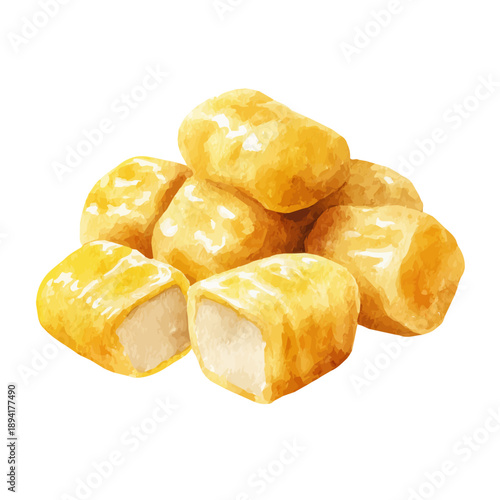 Isometric-style watercolor depiction of Gnocchi, set against a white background.