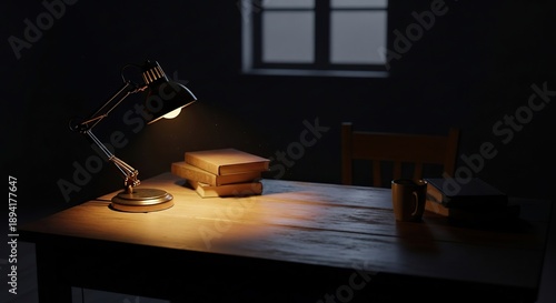 Dimly Lit Desk with Books and Lamp for Study or Work