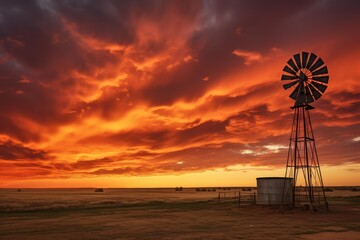 Crédence de cuisine Bordeaux Windmill silhouette on a rural field with a dramatic orange and red sunset sky  © nsit0108