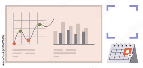 Business analytics, data visualization, financial analysis, project management, scheduling, planning. Charts display trends and columns with a calendar. Data visualization and scheduling concept