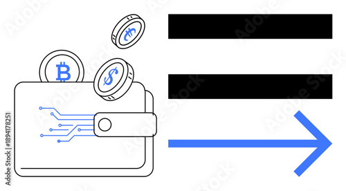 Open wallet with cryptocurrency coins representing digital tokens, black bars suggesting data transfer, blue arrow depicting forward movement. Ideal for payment, cryptocurrency, finance, technology