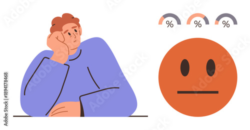 Emotional analysis, mood tracking, mental health, user feedback, survey results, data visualization. A thinking person and a neutral face with percentage gauges. Emotional analysis and mood tracking