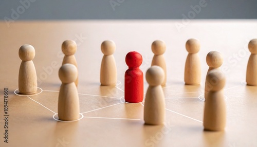Red Wooden Figure as a Central Hub Connecting to a Circle of Natural Peg Dolls Representing Leadership and Influence