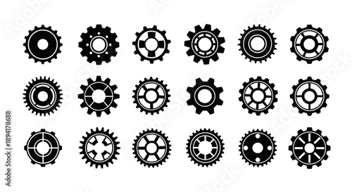 Collection of gearwheel designs, vector icons representing mechanical concepts and engineering