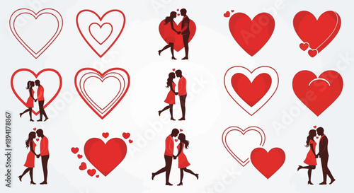 Elegant heart vectors and loving couple silhouettes creating a romantic and loving arrangement