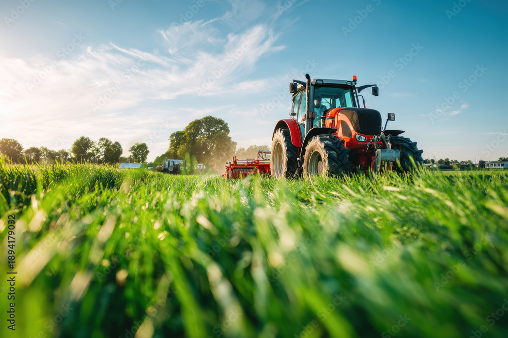 Fototapeta premium Tractor working in a green field