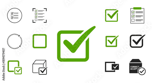Selection of graphic representations, displaying validation and acceptance symbols, in green and