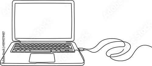 Laptop silhouette with wired mouse connection, vector artwork