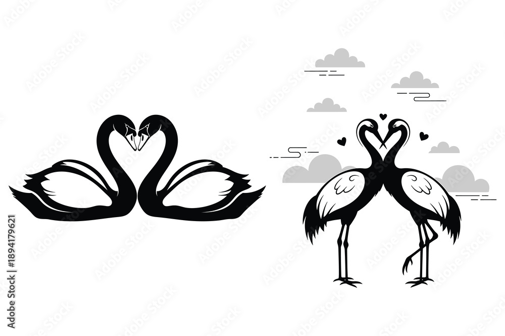 Fototapeta premium Two pairs of black birds forming heart shapes with clouds and hearts in a graphic style swan swans