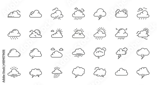 Weather forecast and atmospheric condition icons set in outline style minimal and trendy symbols