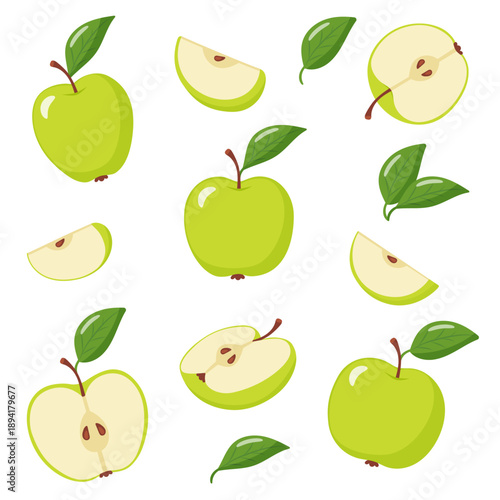 set of green apples with leaves
