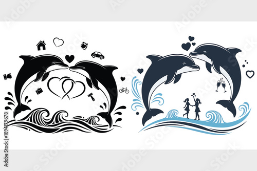 Two pairs of dolphins leaping from waves with romantic and lifestyle icons ocean