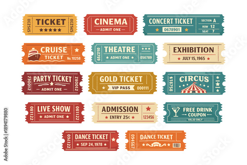 Colorful vintage tickets collection for events and attractions