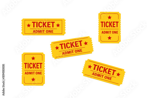 Collection of yellow admit one tickets with red stars on white background